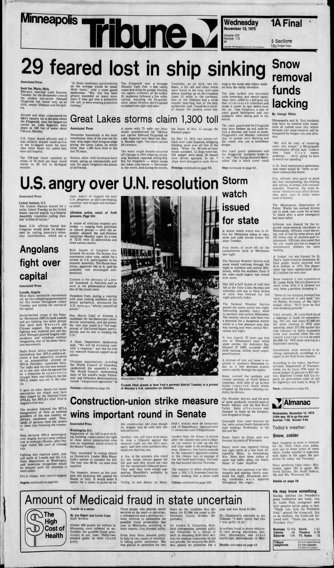 Front page of Minneapolis Tribune